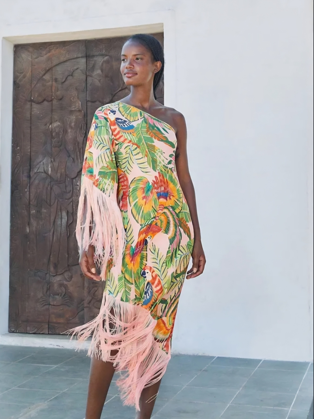 Farm Rio Macaw Print One-Shoulder Tropical Fringe Dress NWT Sz M